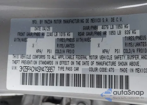 2025 Mazda Mazda3 2.5 S Preferred из США, поврежденный, VIN 3MZBPACM4SM473857